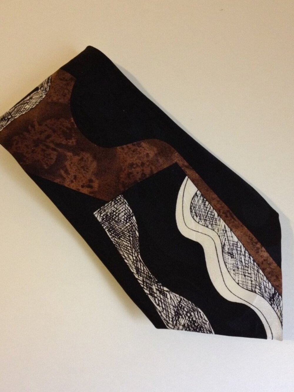 Chez Roffe Black Brown White Neck Tie 100% Silk Mens Abstract Modern New York